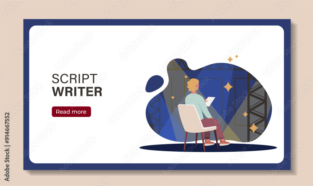 Script writer poster. Man sits with piece of notepad on stage. Creativity and art. Film and TV series production, theater industry. Flat vector illustration isolated on beige background