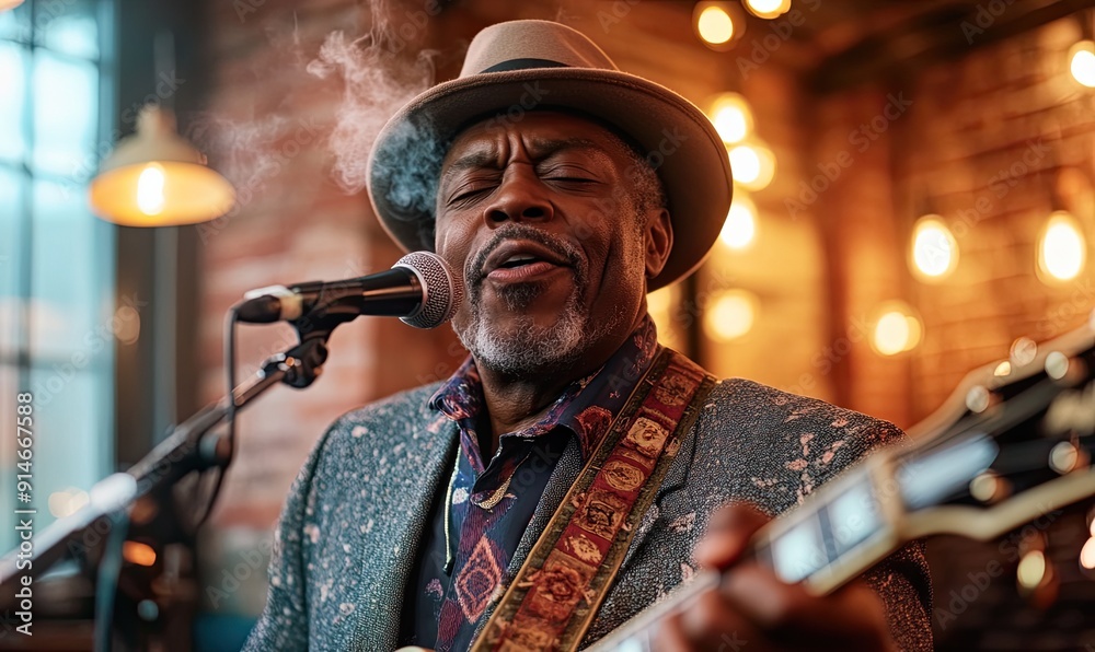 Black Musician Immersed in Jazz Melodies in a Classic Bar Space with Hazy Smoke, Brick Wall, and Soft Yellow Lighting