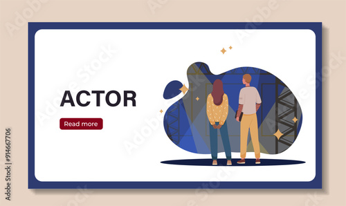 Film actors poster. Man and woman stands on stage. Creativity and art. Film and TV series production, theater industry and cinematography. Flat vector illustration isolated on beige background