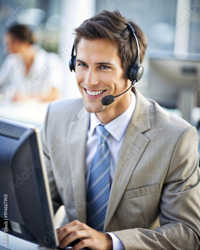 A smiling call center operator answers a phone call.