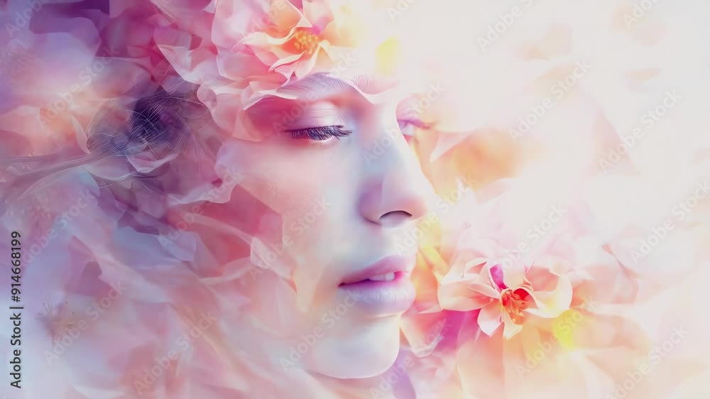 A young, serene woman with closed eyes is surrounded by soft, pastel-colored flowers. The blend of her peaceful expression and the delicate petals creates a dreamy, ethereal mood. The light is soft, A young, serene woman with closed eyes is surrounded by soft, pastel-colored flowers. The blend of her peaceful expression and the delicate petals creates a dreamy, ethereal mood. The light is soft,