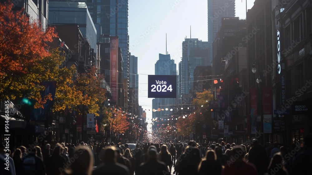 Obraz premium Crowded city street during the day with a large