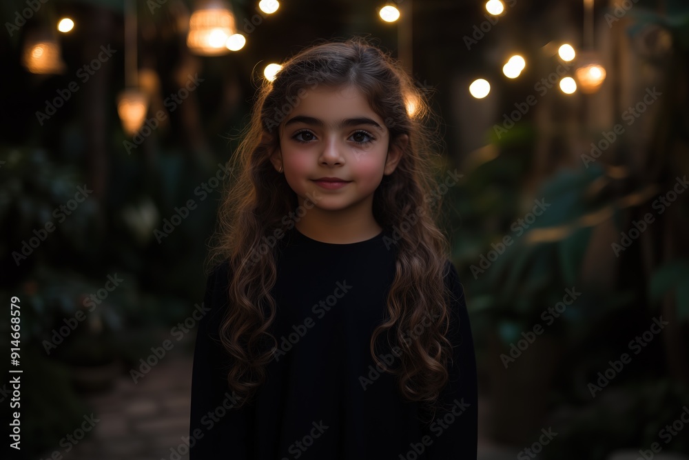 Middle Eastern girl standing in a garden with fairy lights at dusk, warm and serene atmosphere Middle Eastern girl standing in a garden with fairy lights at dusk, warm and serene atmosphere