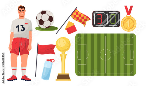 Football elements set. Man in sports uniform, ball and corner flag, gold medal and cup, bottle of water. Active lifestyle and team sports. Flat vector collection isolated on white background