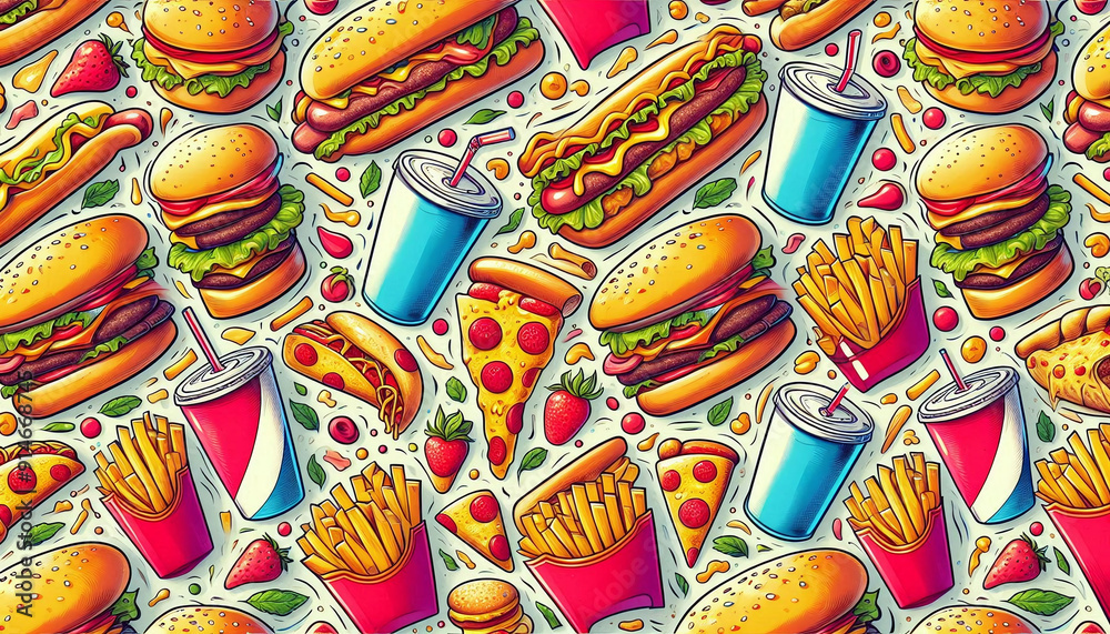 Design a vibrant wallpaper with a fast food theme. Generative AI. Design a vibrant wallpaper with a fast food theme. Generative AI.