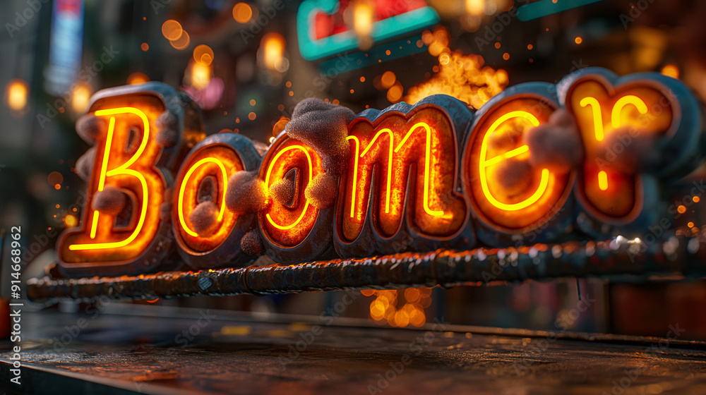 A bright neon sign shines the word Boomer on an urban street, illuminated by various colorful lights during the evening, creating a lively atmosphere A bright neon sign shines the word Boomer on an urban street, illuminated by various colorful lights during the evening, creating a lively atmosphere