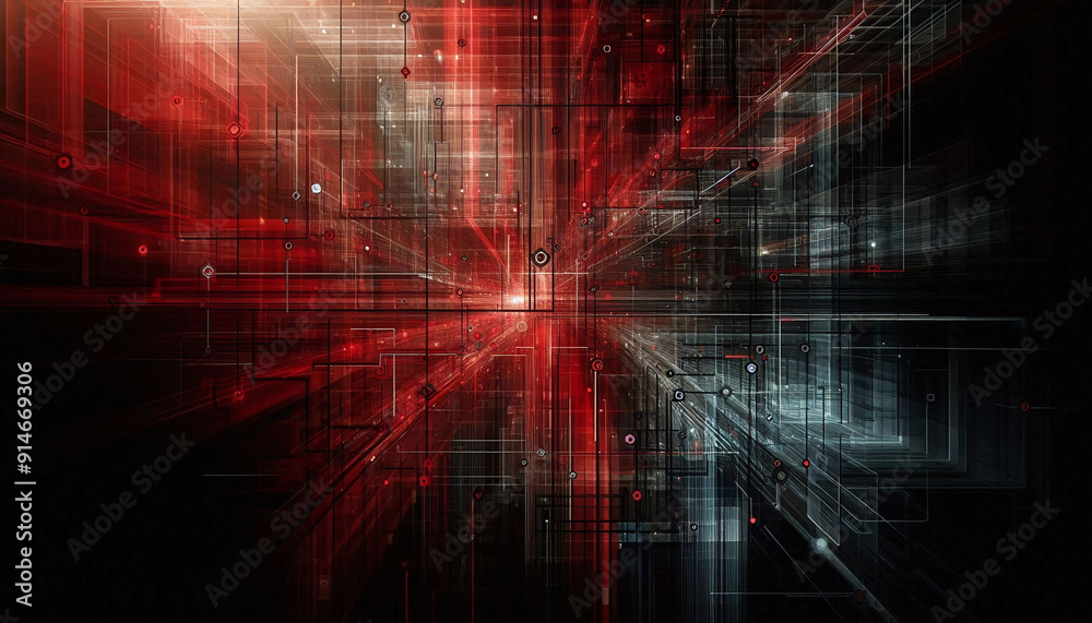 Fototapeta premium Technological abstract in red and black with overlapping diagonal lines. Generative AI.