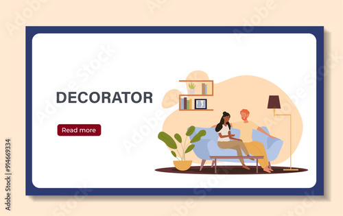 Interior designer poster. Man and woman sitting on sofa. Comfortable and convenient apartment. Beautiful furniture in home room. Flat vector illustration isolated on beige background