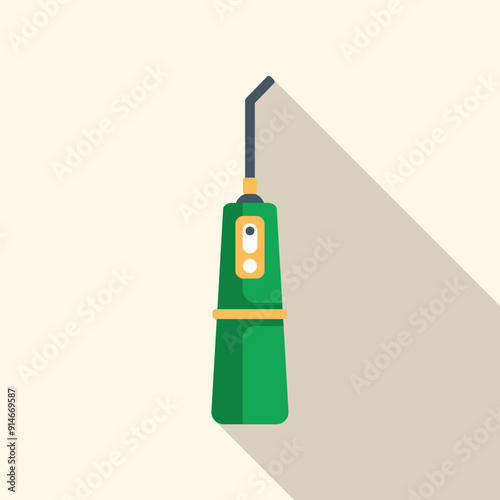 Illustration of a green and yellow electric water flosser with long shadow on a light background