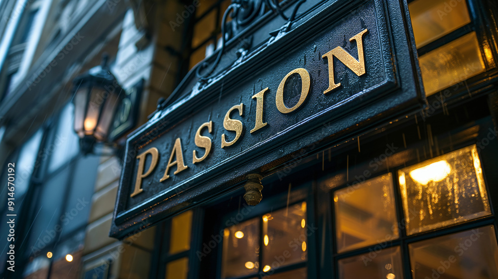 The warm light from the shop window highlights the elegant sign reading Passion, creating an inviting atmosphere on a rainy night The warm light from the shop window highlights the elegant sign reading Passion, creating an inviting atmosphere on a rainy night
