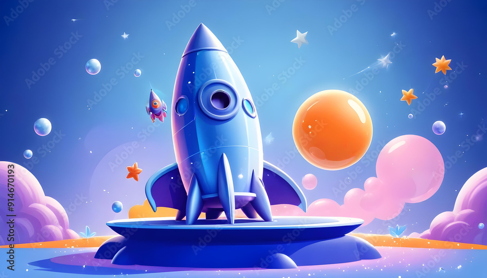 colorful cartoon rocket ship blasting off into a blue sky with stars 16 ...