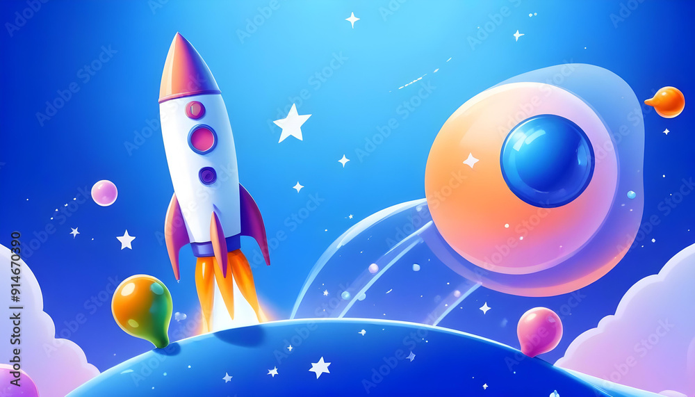 colorful cartoon rocket ship blasting off into a blue sky with stars 25 ...