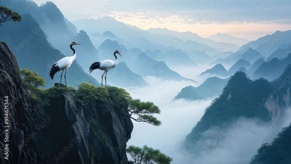 A serene landscape featuring two cranes standing on a rocky outcrop, gazing at each other. A serene landscape featuring two cranes standing on a rocky outcrop, gazing at each other.