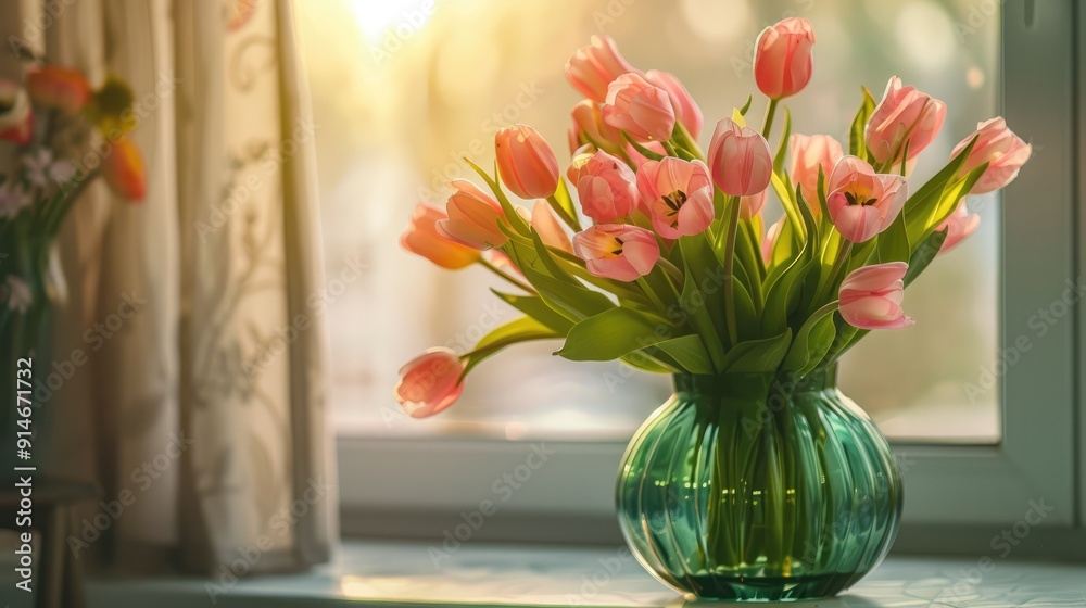 Bouquet of pink tulips in green vase on table at sunset against balcony window in cozy living room. Provence style flower decor. Bouquet of pink tulips in green vase on table at sunset against balcony window in cozy living room. Provence style flower decor.