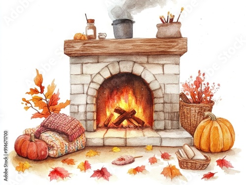 Cozy and warm autumn watercolor painting of a person knitting by the fireplace in a comfortable tranquil and hygge inspired setting with an isolated white background photo