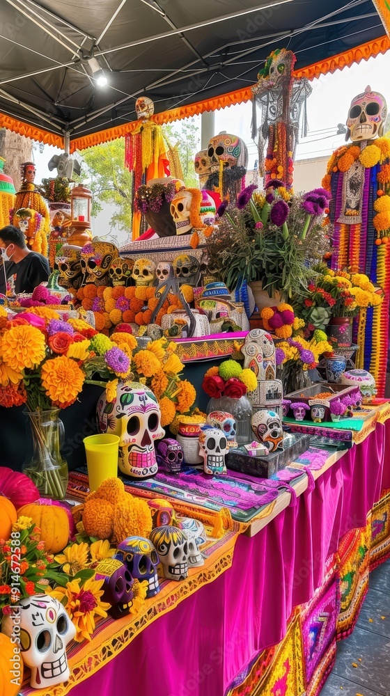 Fototapeta premium Celebrants create a colorful altar with marigolds, sugar skulls, and pumpkins for the Day of the Dead celebration