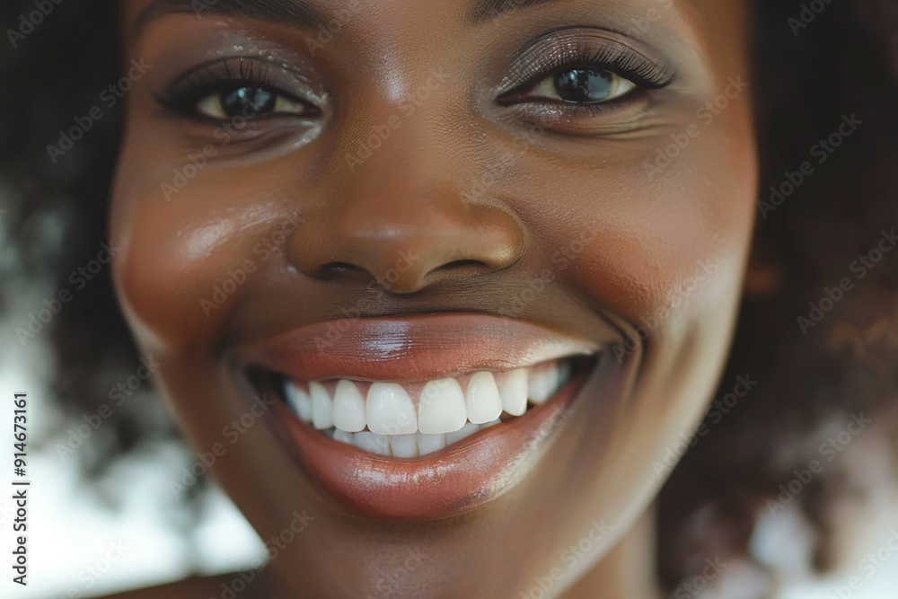 A closeup of a womans face, showcasing her bright white teeth and a radiant smile. Her dark skin and  eyes are prominent, adding to the overall beauty of the image.