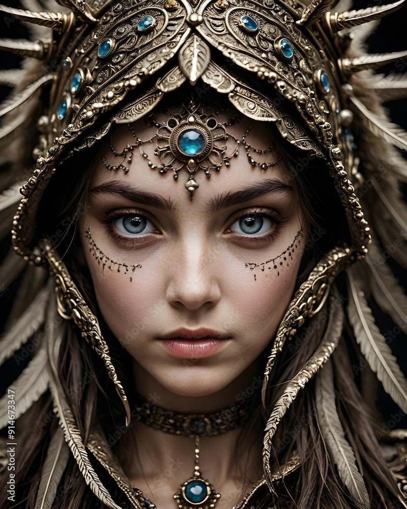 Close-up cara de mujer adornada con joyas un gorro metálico y plumas Close-up cara de mujer adornada con joyas un gorro metálico y plumas