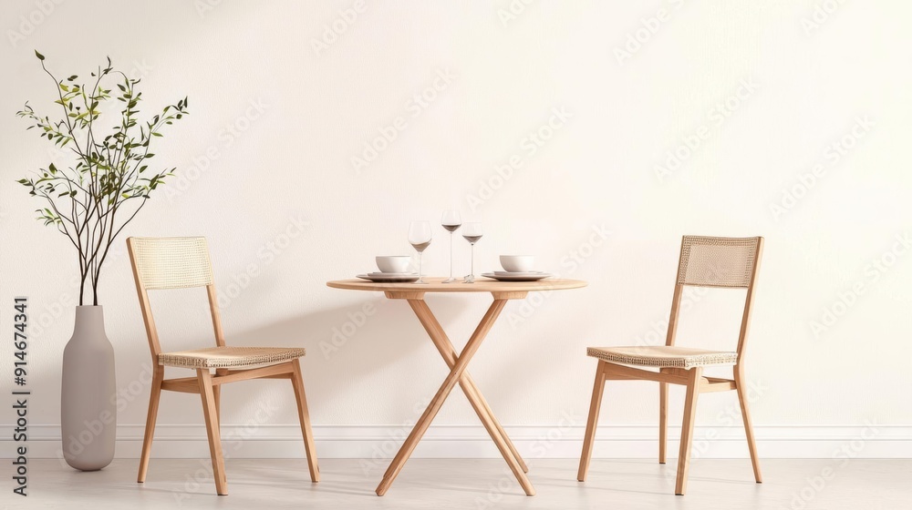 Fototapeta premium Modern minimalistic dining setup featuring a wooden table, two chairs, and a decorative vase against a neutral wall.