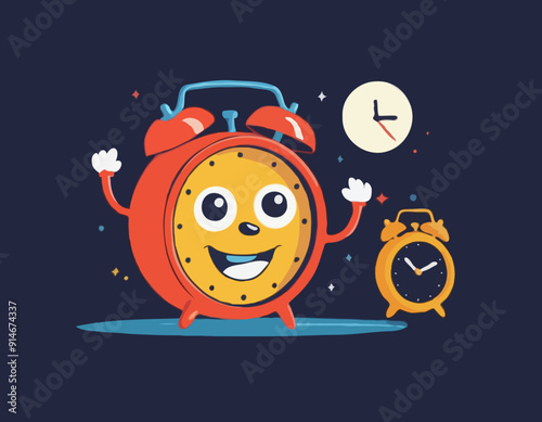 Cute ringing alarm clock, morning wake up time icon. Funny watch timer cartoon character jump awake from night sleep rest. Early loud sound alert, start day. Timepiece dial face with hour hand. Vector