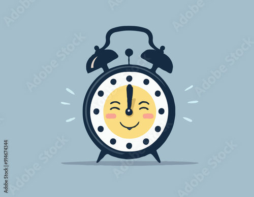 Cute ringing alarm clock, morning wake up time icon. Funny watch timer cartoon character jump awake from night sleep rest. Early loud sound alert, start day. Timepiece dial face with hour hand. Vector