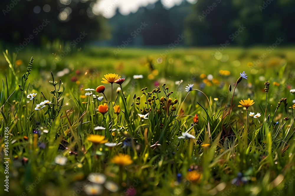 Fototapeta premium Banner for a close-up panorama of a meadow with wildflowers and verdant grass.