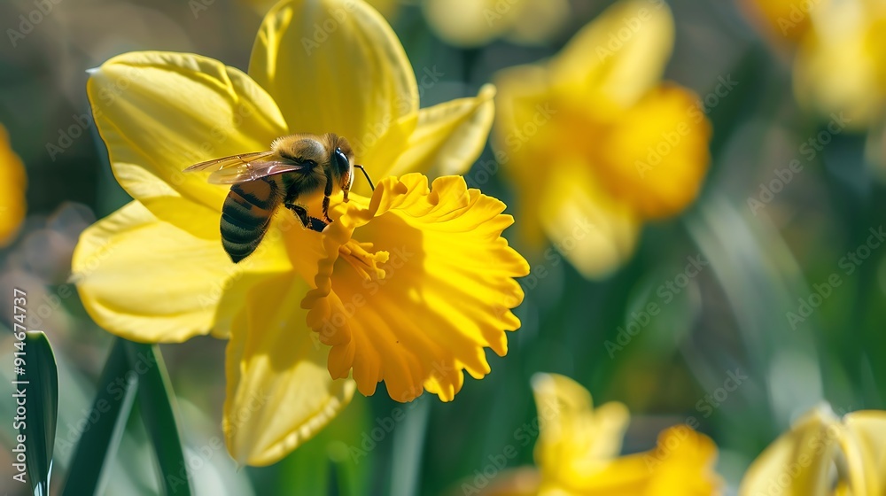 Honeybee Gathering Pollen on a Bright Yellow Daffodil Honeybee Gathering Pollen on a Bright Yellow Daffodil