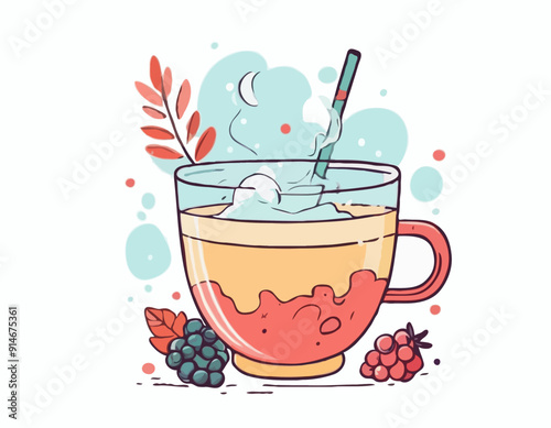 Cutee isolated Autumn Winter handdrawn illustration with cup of drink, steam and berries
