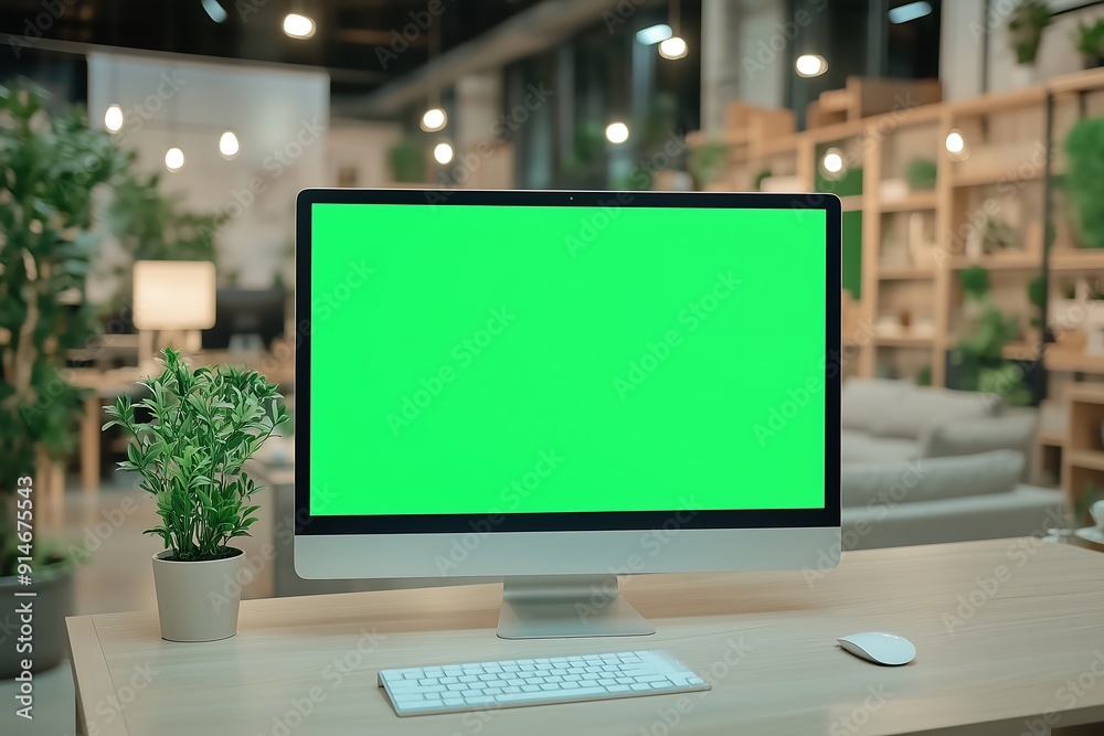 Computer Monitor with Green Screen on Desk in Office Computer Monitor with Green Screen on Desk in Office