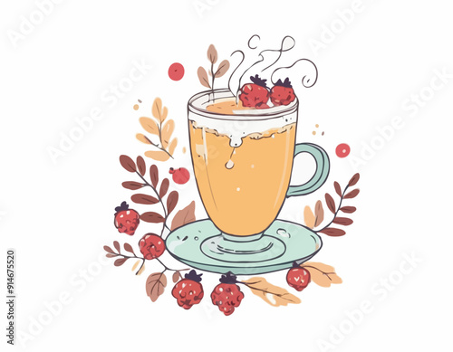 Cutee isolated Autumn Winter handdrawn illustration with cup of drink, steam and berries
