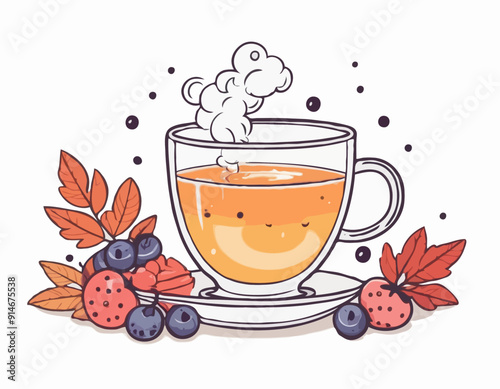 Cutee isolated Autumn Winter handdrawn illustration with cup of drink, steam and berries
