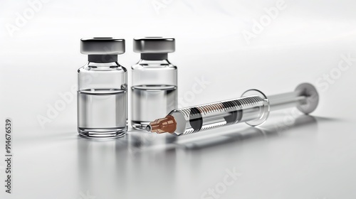 Syringe with Vaccine Vials on White Background photo