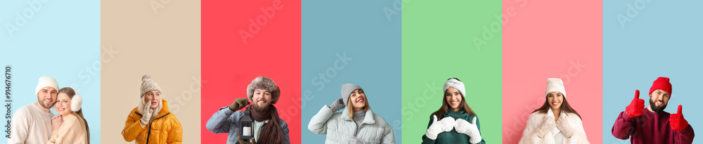 Φωτογραφία Collage of people in stylish winter clothes on color background