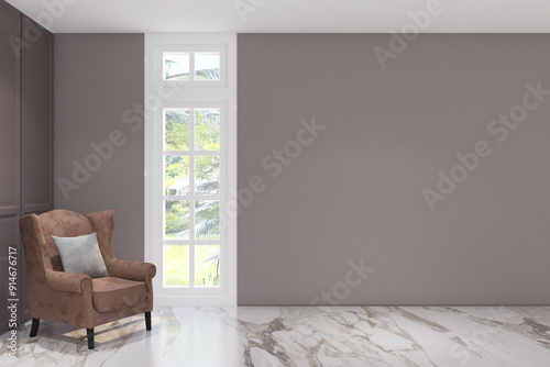 3d render of illustration minimal interior design wall mock up with window   profile panel and armchair. White marble floor  gray wall finish and white ceiling. Set 69