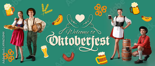 Greeting banner for Octoberfest with happy people on green background