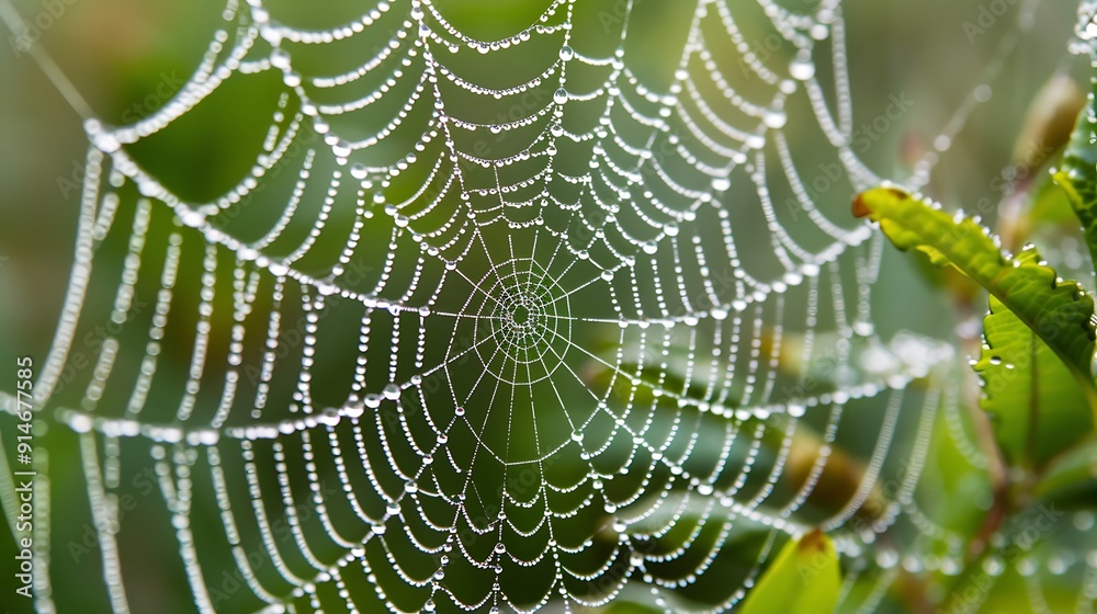 Naklejka premium Delicate Spiderweb Glistens With Dew Drops