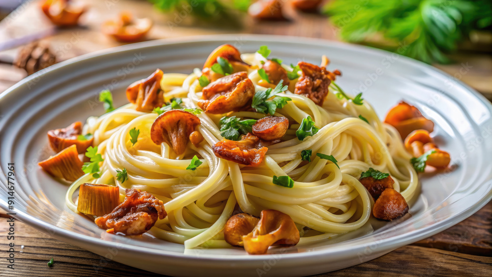 pasta with chanterelles on a white plate, dish with mushrooms, delicious seasonal food, meal, spaghetti, sauce, restaurant, cafe, kitchen, cooking, Italian cuisine, recipe, autumn menu pasta with chanterelles on a white plate, dish with mushrooms, delicious seasonal food, meal, spaghetti, sauce, restaurant, cafe, kitchen, cooking, Italian cuisine, recipe, autumn menu