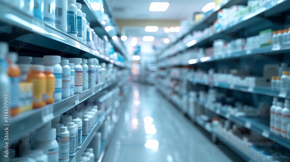 Blurred pharmacy aisle with rows of medicine bottles Blurred pharmacy aisle with rows of medicine bottles