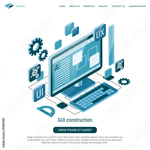 Graphic user interface construction, application development, website design flat isometric vector concept illustration