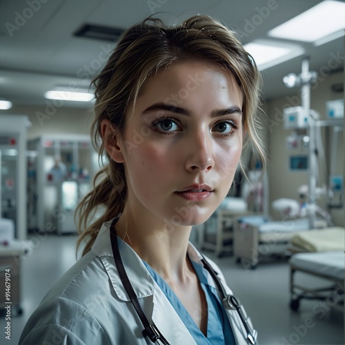 Mujer médico en sala de urgencias,. Porta bata y estetoscopio. Foto realista.  photo