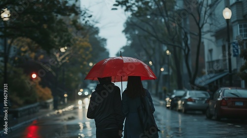 Couple Walking Under Red Umbrella in the Rain