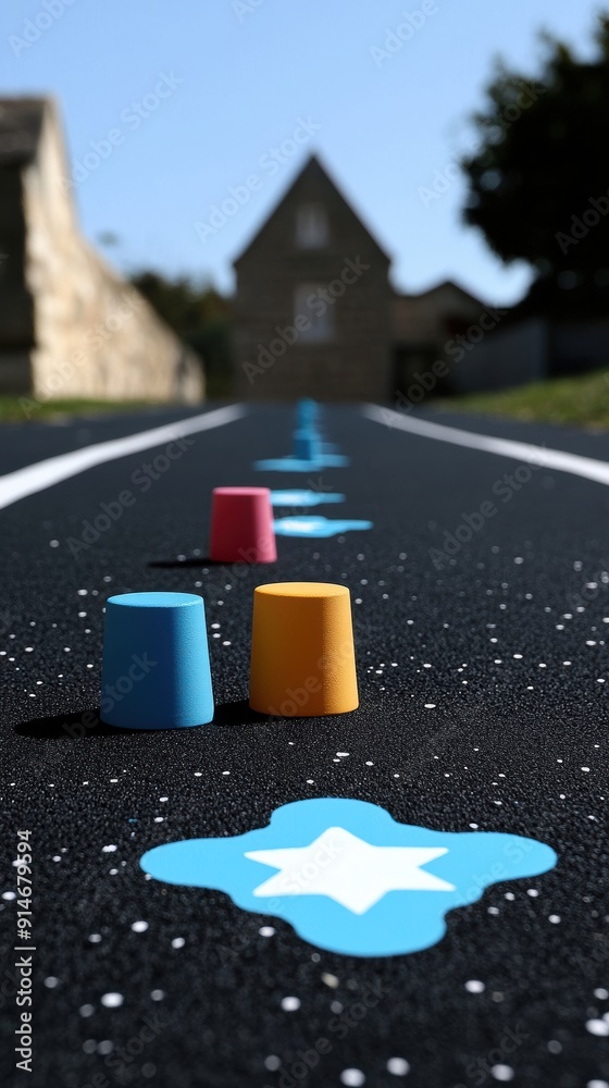 Colorful Track with Toy Cups in Bright Sunlight Colorful Track with Toy Cups in Bright Sunlight
