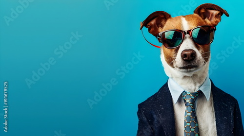 Stylish Dog Wearing Suit Sunglasses Posing Confidently Indoor Background
