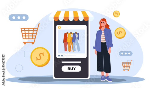 Shopping in smarphone concept. Woman buys clothes online. Cashless transfers and transactions. Home delivery and electronic commerce. Flat vector illustration isolated on white background