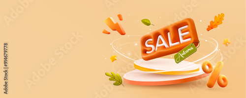 Autumn sale podium with falling leaves and discount tags. Fall sale advertising banner. Thanksgiving or seasonal marketing materials. Vector illustration. 3D design.