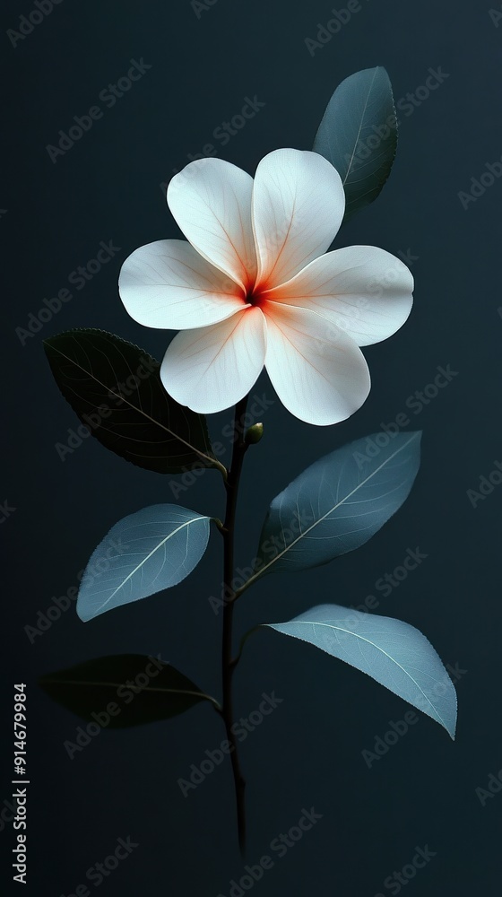 Elegant White Flower with Leaves on Dark Background Elegant White Flower with Leaves on Dark Background