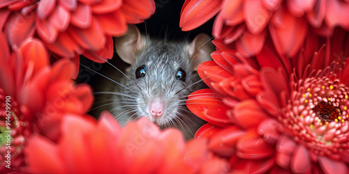 Grey rat in flower field at sunset in summer
