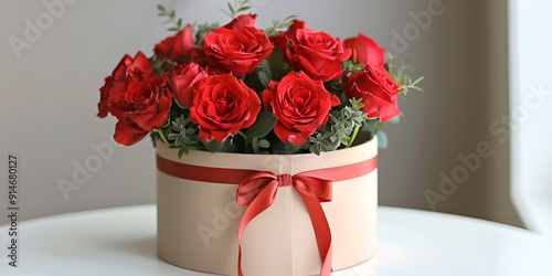 Red Roses in HeartShaped White Box on Gray Background
