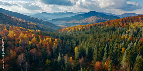 Autumn Forest Landscape with Mountain Background
