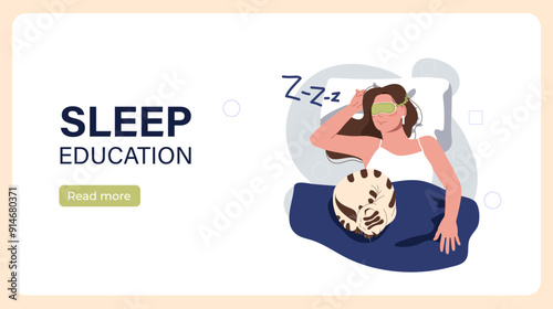 Healthy sleep woman poster. Young girl in sleep mask with cat lies on bed. Healthy lifestyle and proper daily routine. Dream, rest and recuperation. Landing page design. Flat vector illustration